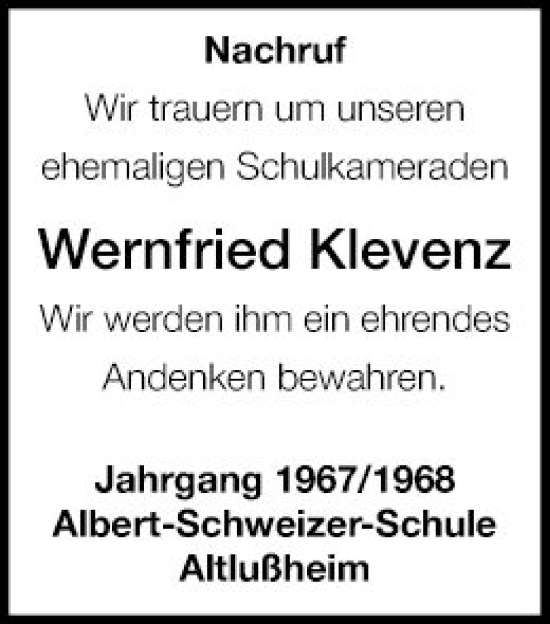 Traueranzeige von Wernfried Klevenz von Schwetzinger Zeitung