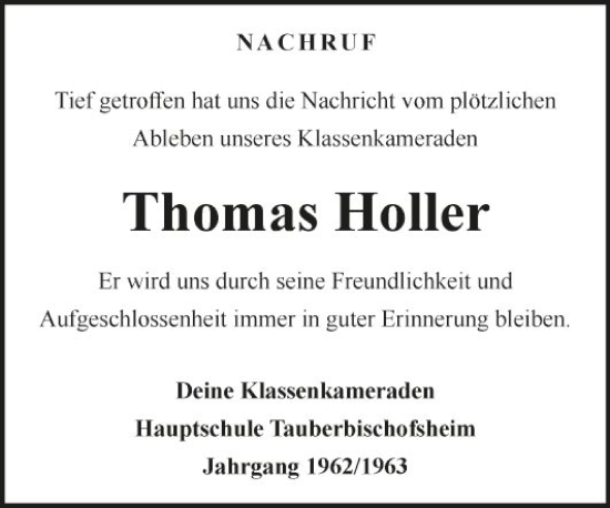 Traueranzeige von Thomas Holler von Fränkische Nachrichten