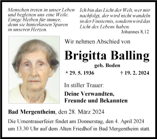 Traueranzeige von Brigitta Balling von Fränkische Nachrichten