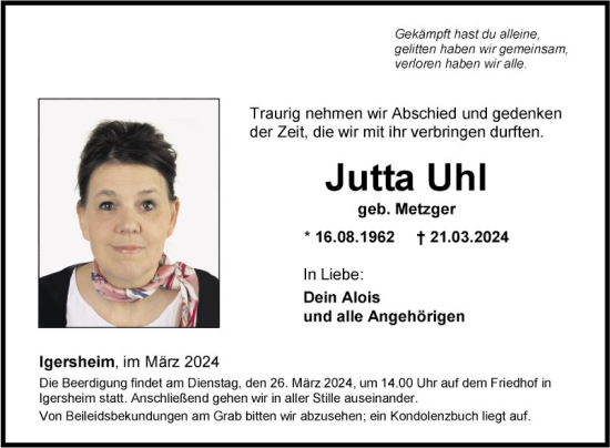 Traueranzeige von Jutta Uhl von Fränkische Nachrichten