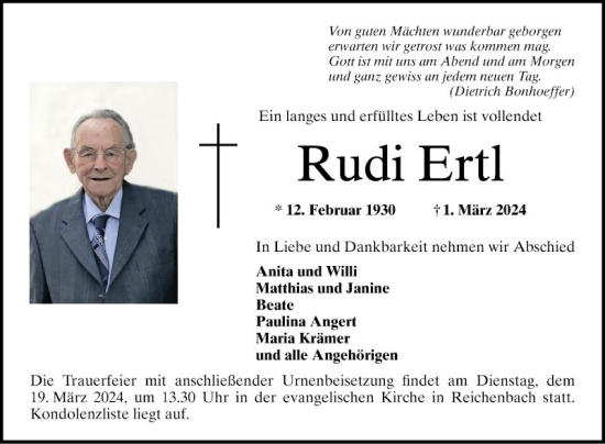 Traueranzeige von Rudi Ertl von Bergsträßer Anzeiger