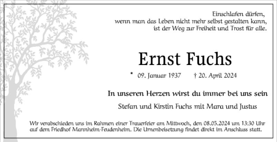 Traueranzeige von Ernst Fuchs von Mannheimer Morgen