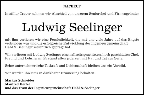 Traueranzeige von Ludwig Seelinger von Mannheimer Morgen