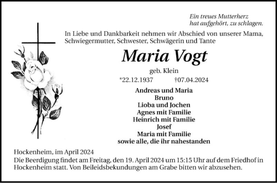 Traueranzeige von Maria Vogt von Schwetzinger Zeitung