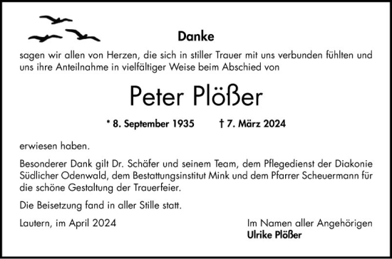 Traueranzeige von Peter Plößer von Bergsträßer Anzeiger