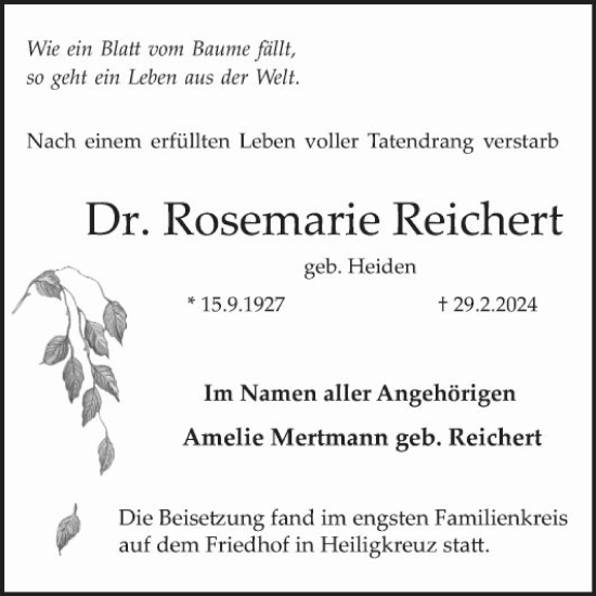 Traueranzeige von Rosemarie Reichert von Mannheimer Morgen