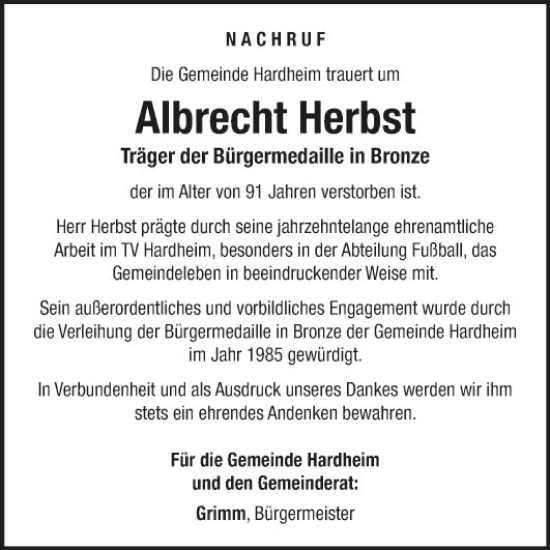 Traueranzeige von Albrecht Herbst von Fränkische Nachrichten