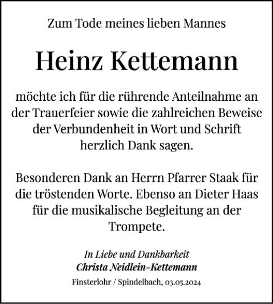 Traueranzeige von Heinz Kettemann von Fränkische Nachrichten