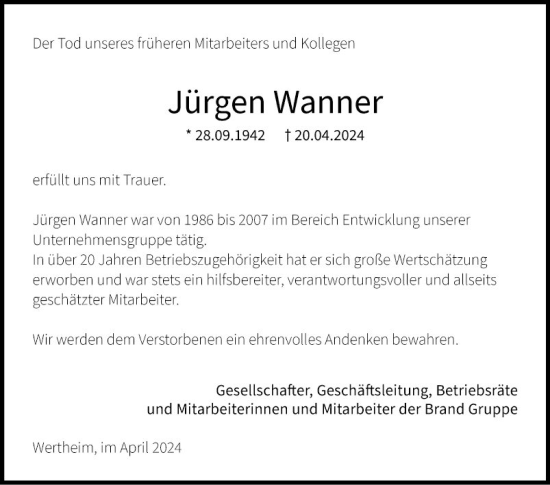 Traueranzeige von Jürgen Wanner von Fränkische Nachrichten